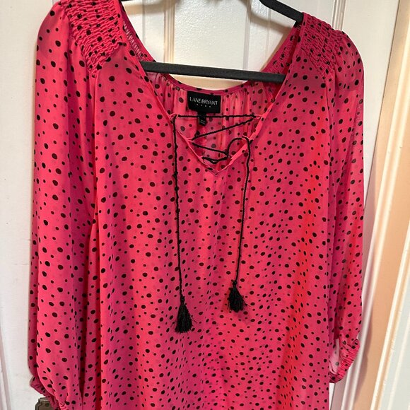 Lane Bryant Pink Sheer Blouse with Black Polka Dot Design and Roped V-neck-18/20 - Picture 1 of 4